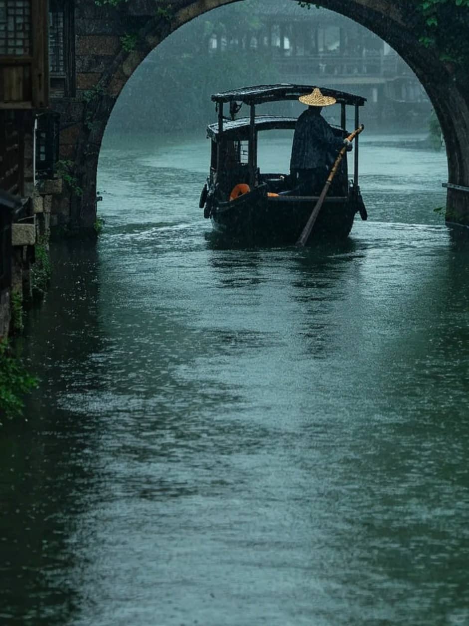 Rainy Jiangnan water-town boat under a stone arch bridge for a 3-day Shanghai and Jiangnan short stay